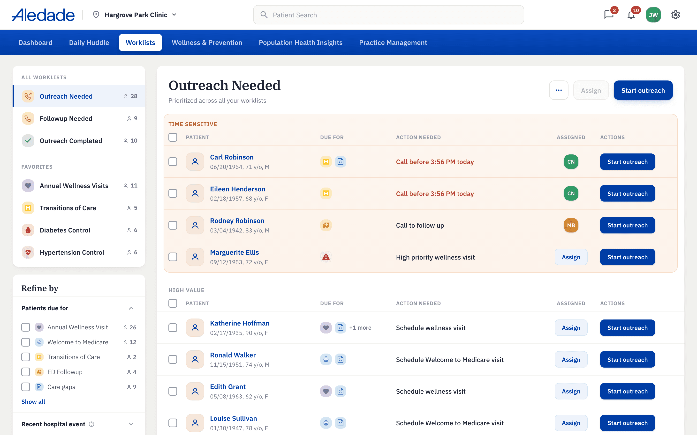 Aledade outreach worklist with time-sensitive patients prioritized first
